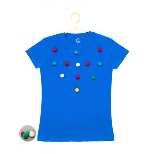 Generic Girl's Casual Short Sleeve Pom Pom Balls Cotton T Shirt (Royal Blue)