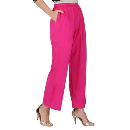 Casual Cotton Cambric Solid Elastic Palazzo Trousers (Pink)