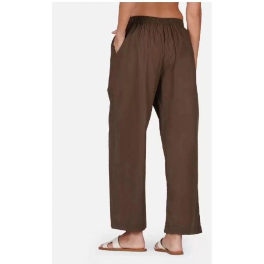 Casual Cotton Cambric Solid Elastic Palazzo Trousers (Brown)