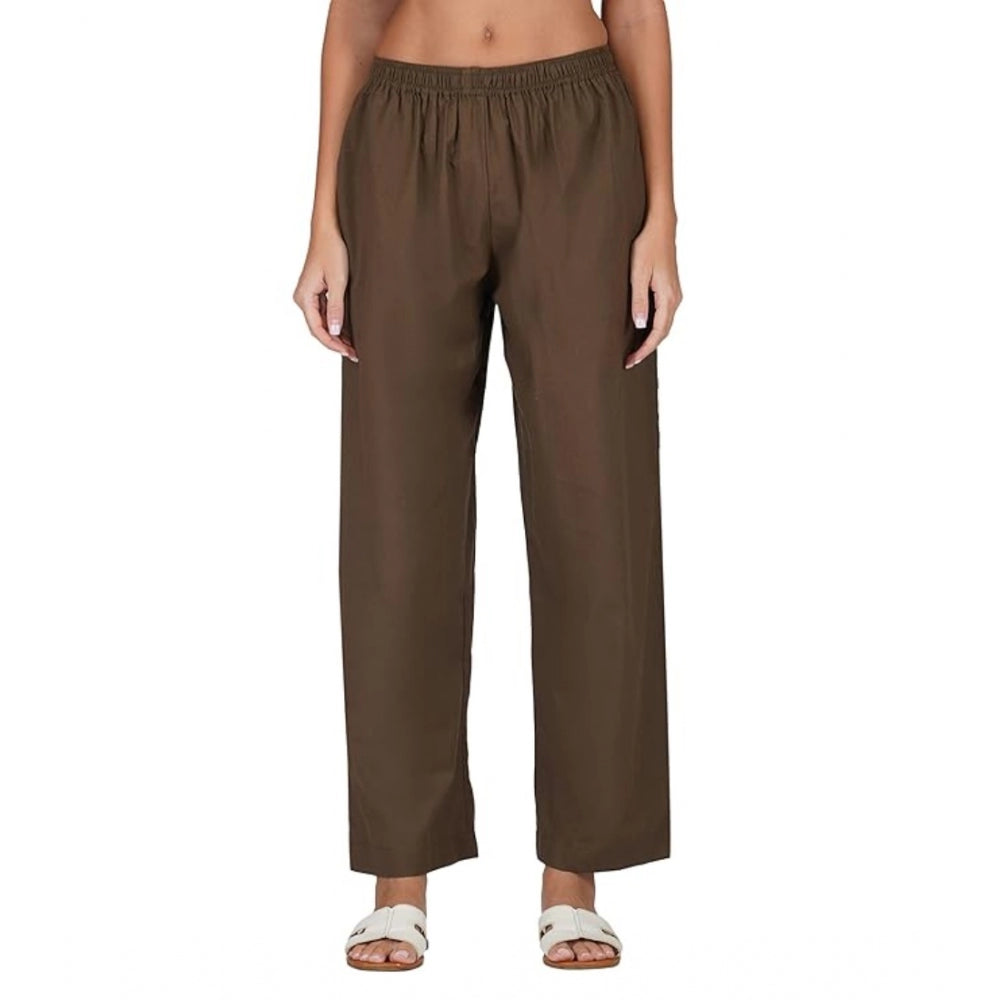 Casual Cotton Cambric Solid Elastic Palazzo Trousers (Brown)