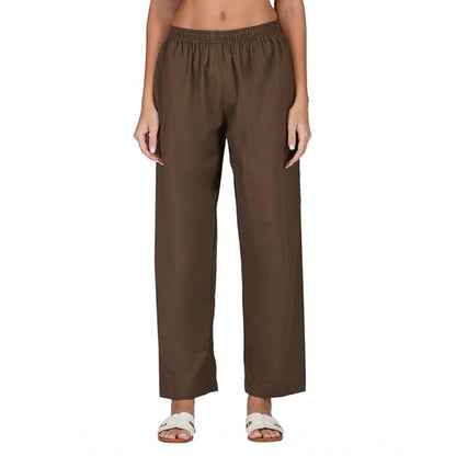 Casual Cotton Cambric Solid Elastic Palazzo Trousers (Brown)