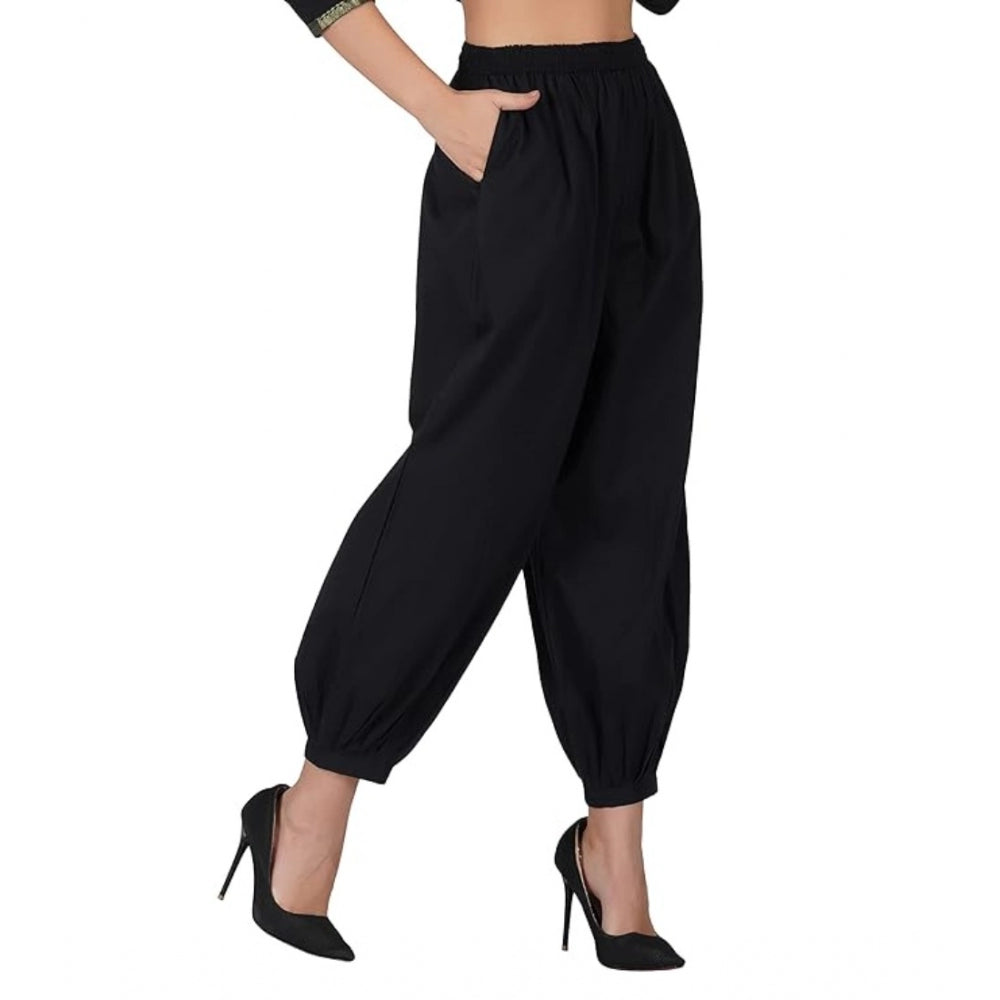 Casual Cotton Cambric Solid Elastic Waist Patiala Harem Pants (Black)