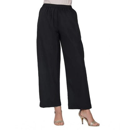 Casual Cotton Cambric Solid Elastic Palazzo Trousers (Black)