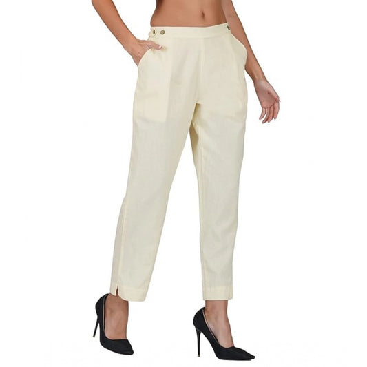 Casual Cotton Flax Solid Adjustable Waist Trouser Pants (Cream)