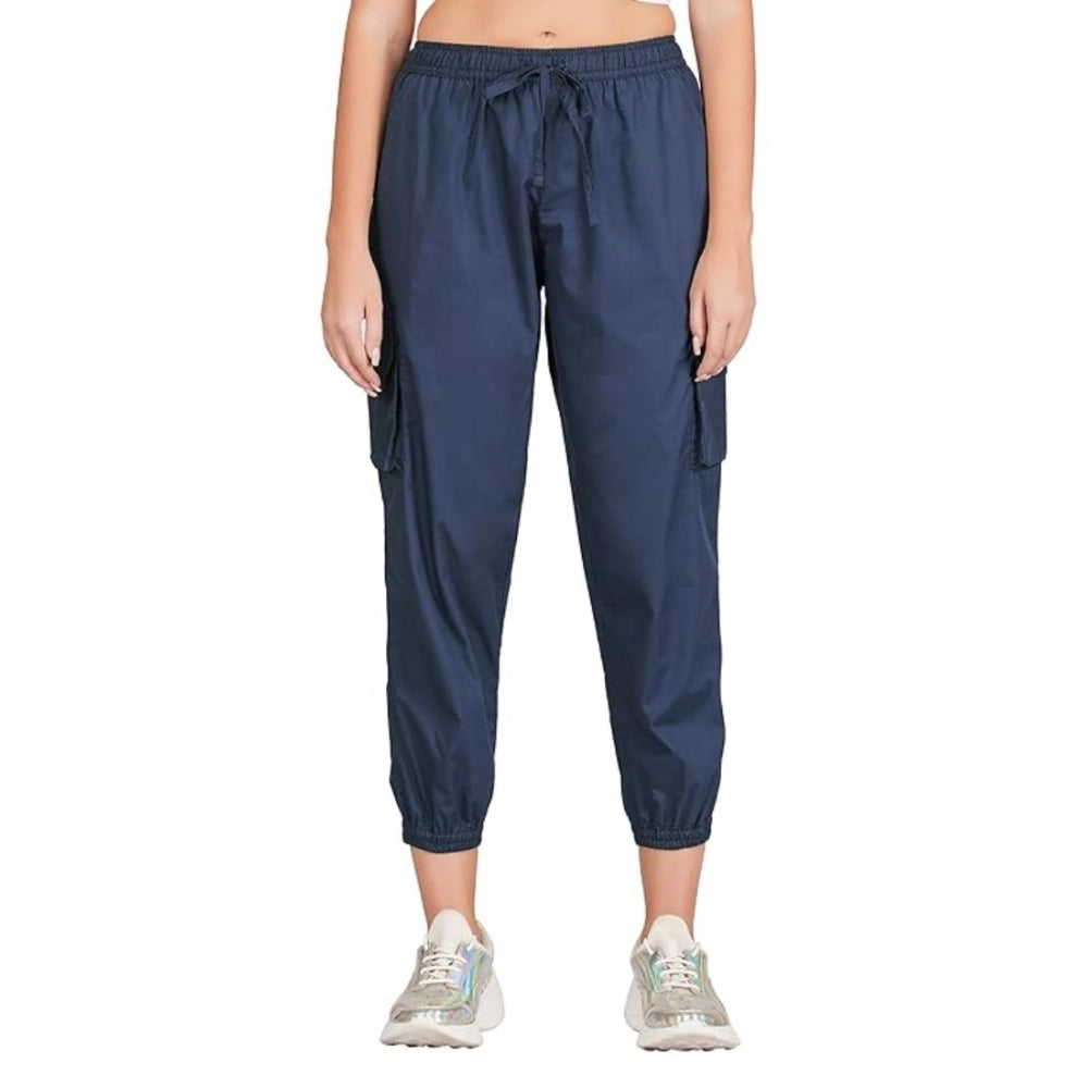 Casual Cotton Solid Elastic with Drawstring Cargo Pants (Navy Blue)