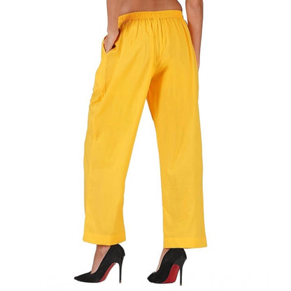 Casual Cotton Cambric Solid Elastic Palazzo Trousers (Yellow)