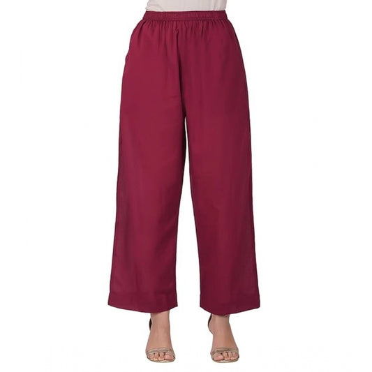 Casual Cotton Cambric Solid Elastic Palazzo Trousers (Maroon)