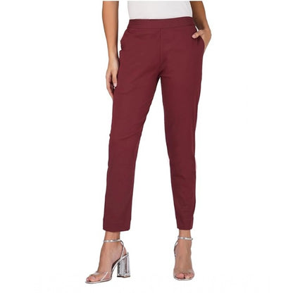 Generic Women's Casual Cotton Lycra Solid Trouser Pants (Maroon)