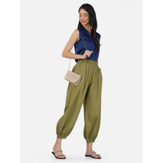 Casual Cotton Cambric Solid Elastic Waist Patiala Harem Pants (Green)