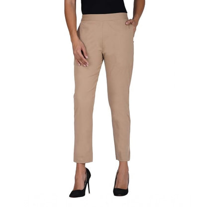 Generic Women's Casual Cotton Lycra Solid Trouser Pants (Beige)