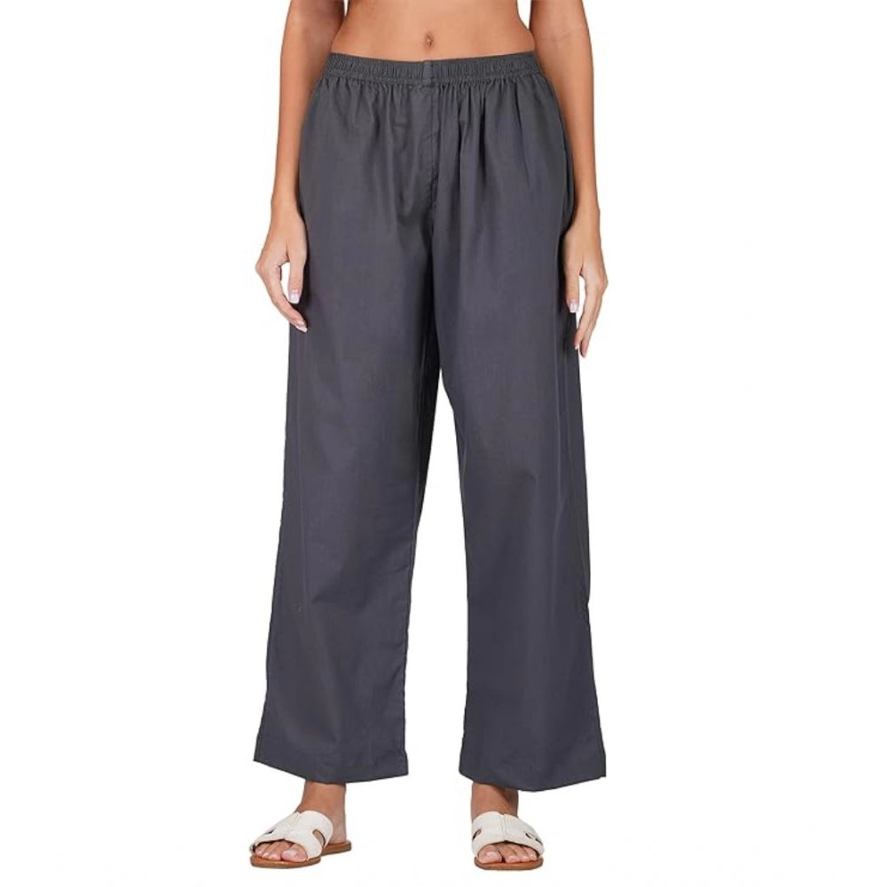 Casual Cotton Cambric Solid Elastic Palazzo Trousers (Dark Grey)