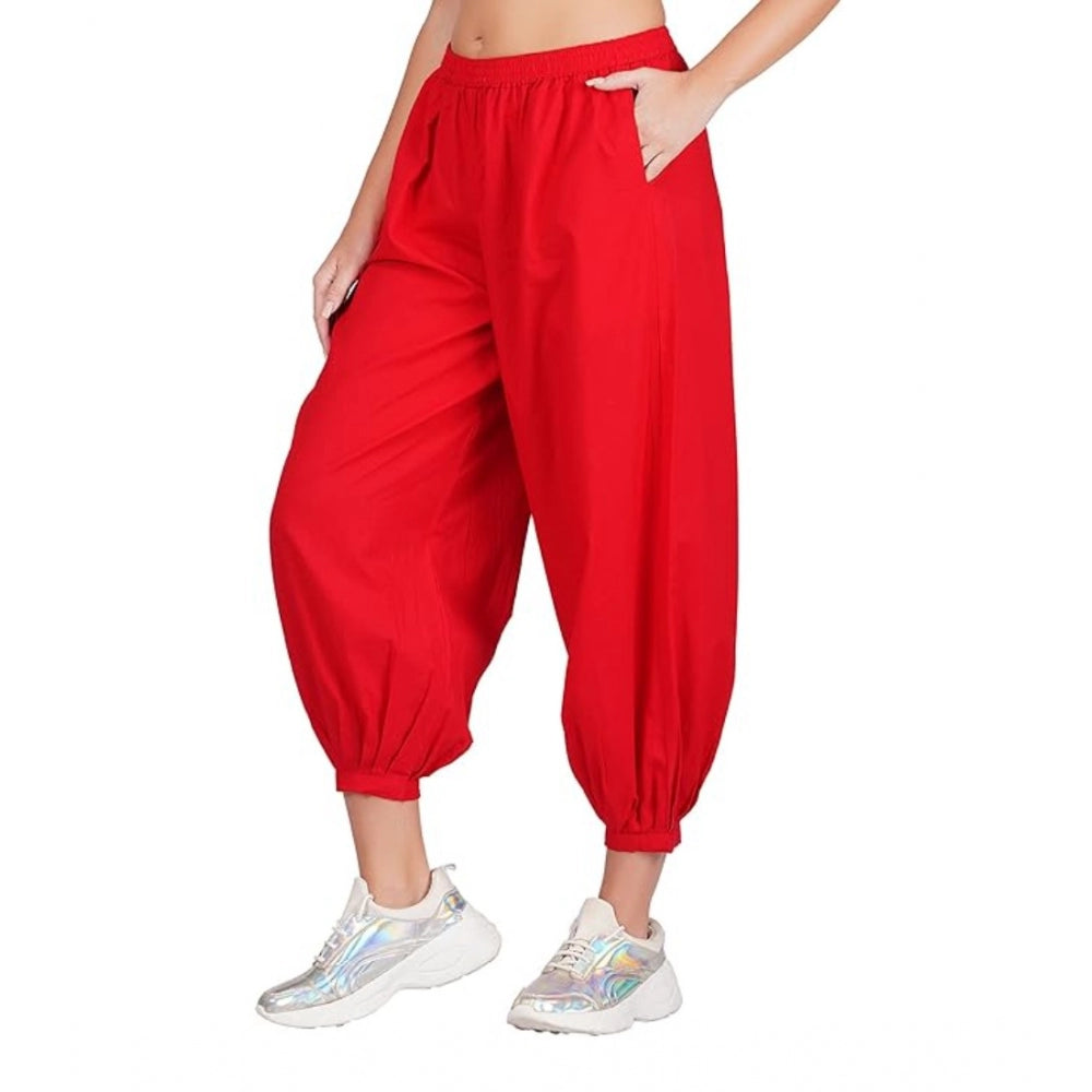 Casual Cotton Cambric Solid Elastic Waist Patiala Harem Pants (Red)