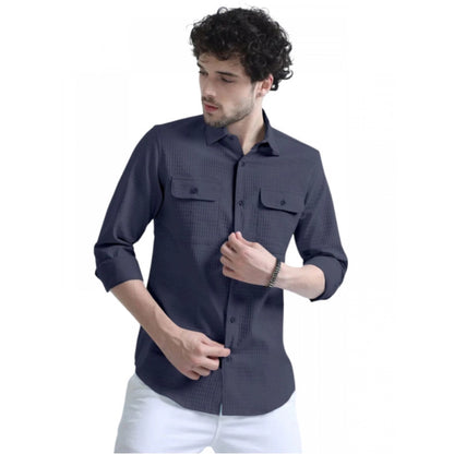 Generic Men's Casual Short Sleeve Striped Cotton Blended Shirt (Dark Grey)