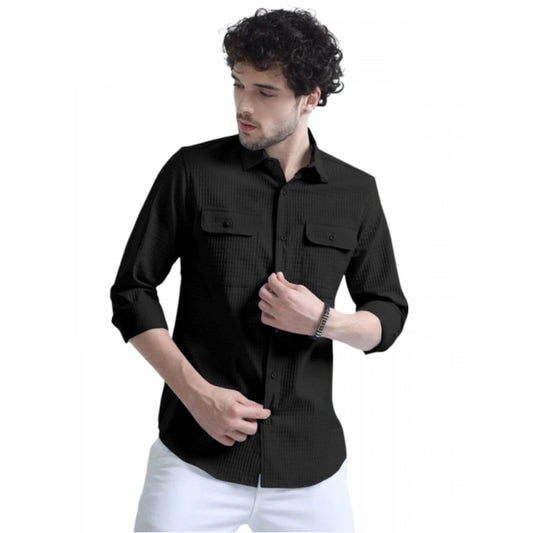 Generic Men's Casual Short Sleeve Striped Cotton Blended Shirt (Black)