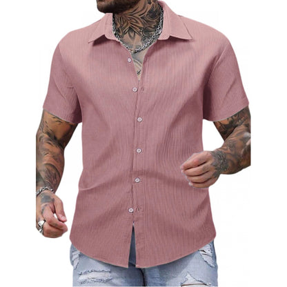 Generic Men's Casual Short Sleeve Striped Cotton Blended Shirt (Pink)