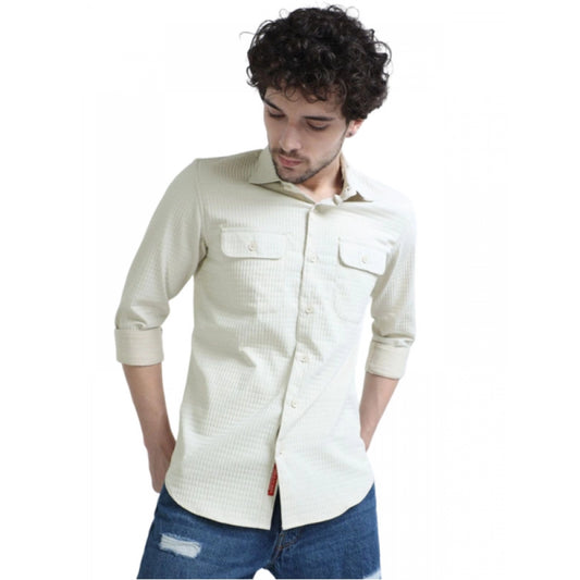 Generic Men's Casual Full Sleeve Striped Cotton Blended Shirt (Cream)