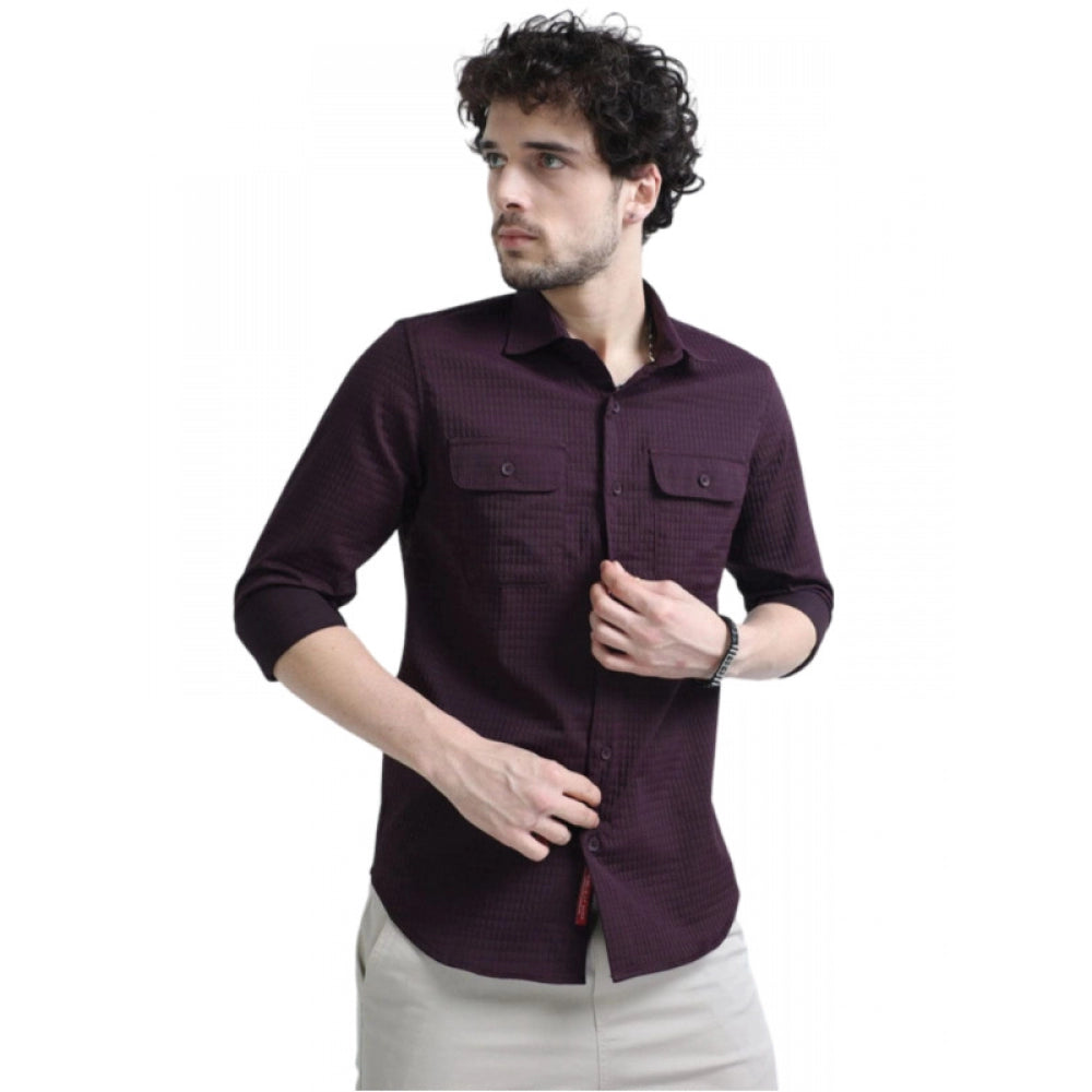 Generic Men's Casual Short Sleeve Striped Cotton Blended Shirt (Maroon)