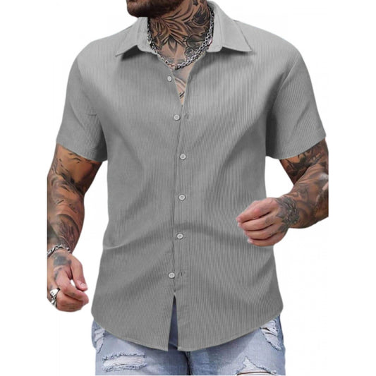 Generic Men's Casual Short Sleeve Striped Cotton Blended Shirt (Grey)