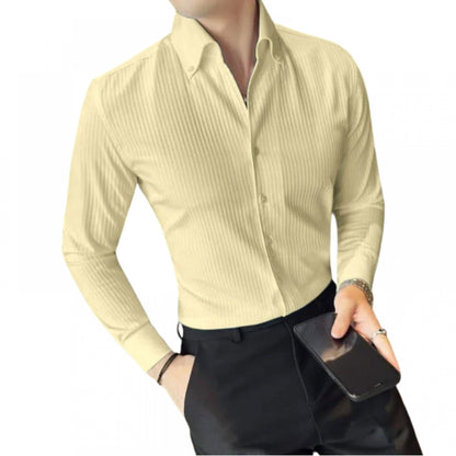 Generic Men's Casual Full Sleeve Striped Cotton Blended Shirt (Yellow)