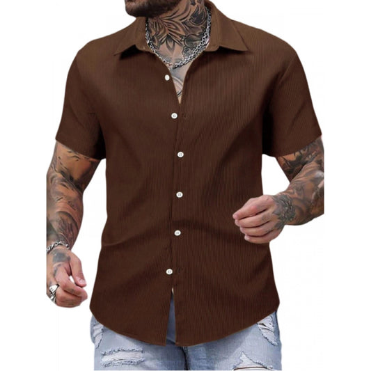 Generic Men's Casual Short Sleeve Striped Cotton Blended Shirt (Brown)