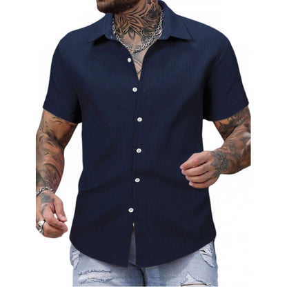 Generic Men's Casual Short Sleeve Striped Cotton Blended Shirt (Navy)