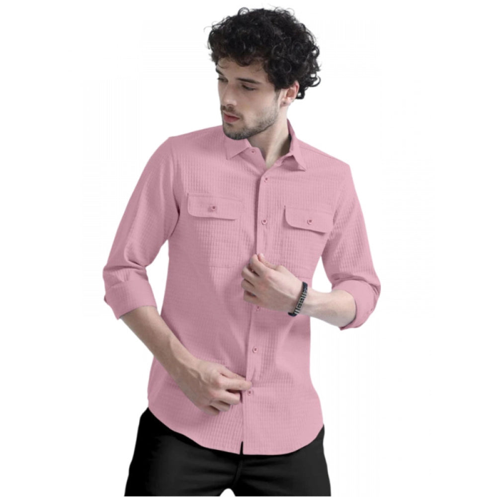 Generic Men's Casual Short Sleeve Striped Cotton Blended Shirt (Pink)