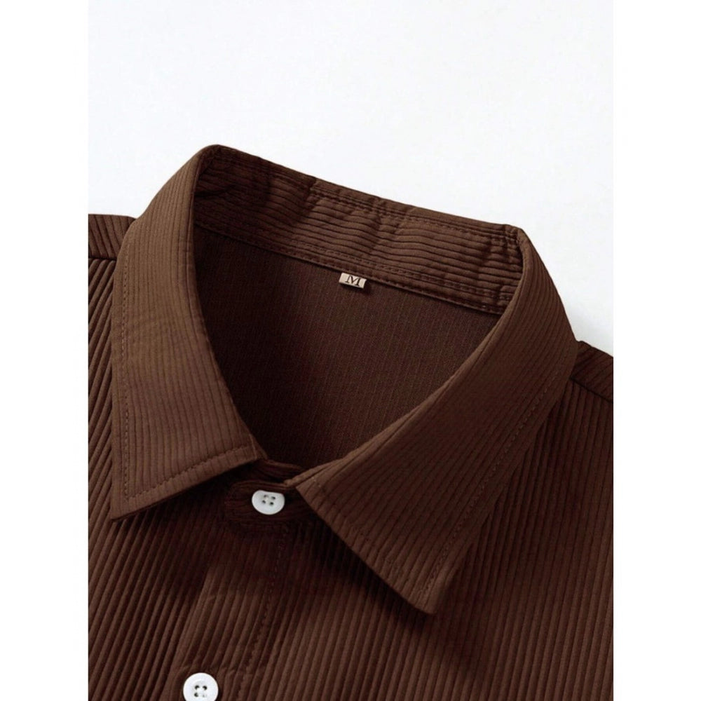 Generic Men's Casual Short Sleeve Striped Cotton Blended Shirt (Brown)