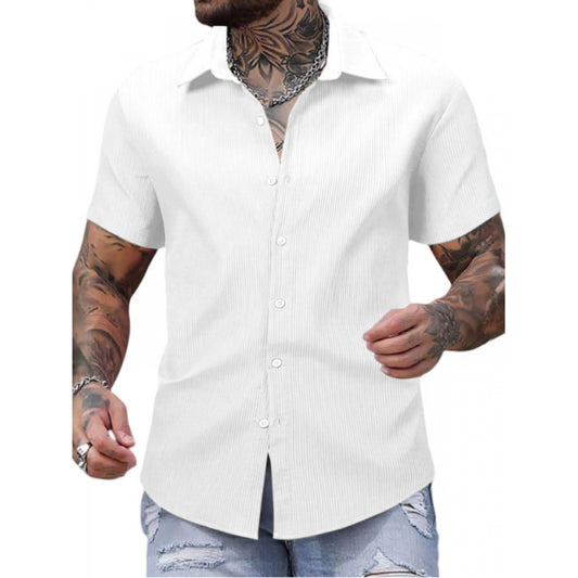 Generic Men's Casual Short Sleeve Striped Cotton Blended Shirt (White)