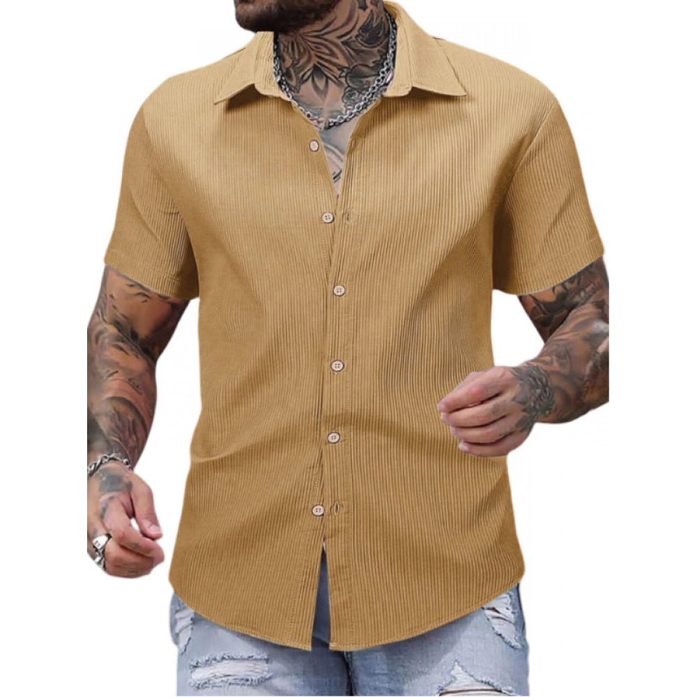 Generic Men's Casual Short Sleeve Striped Cotton Blended Shirt (Yellow)