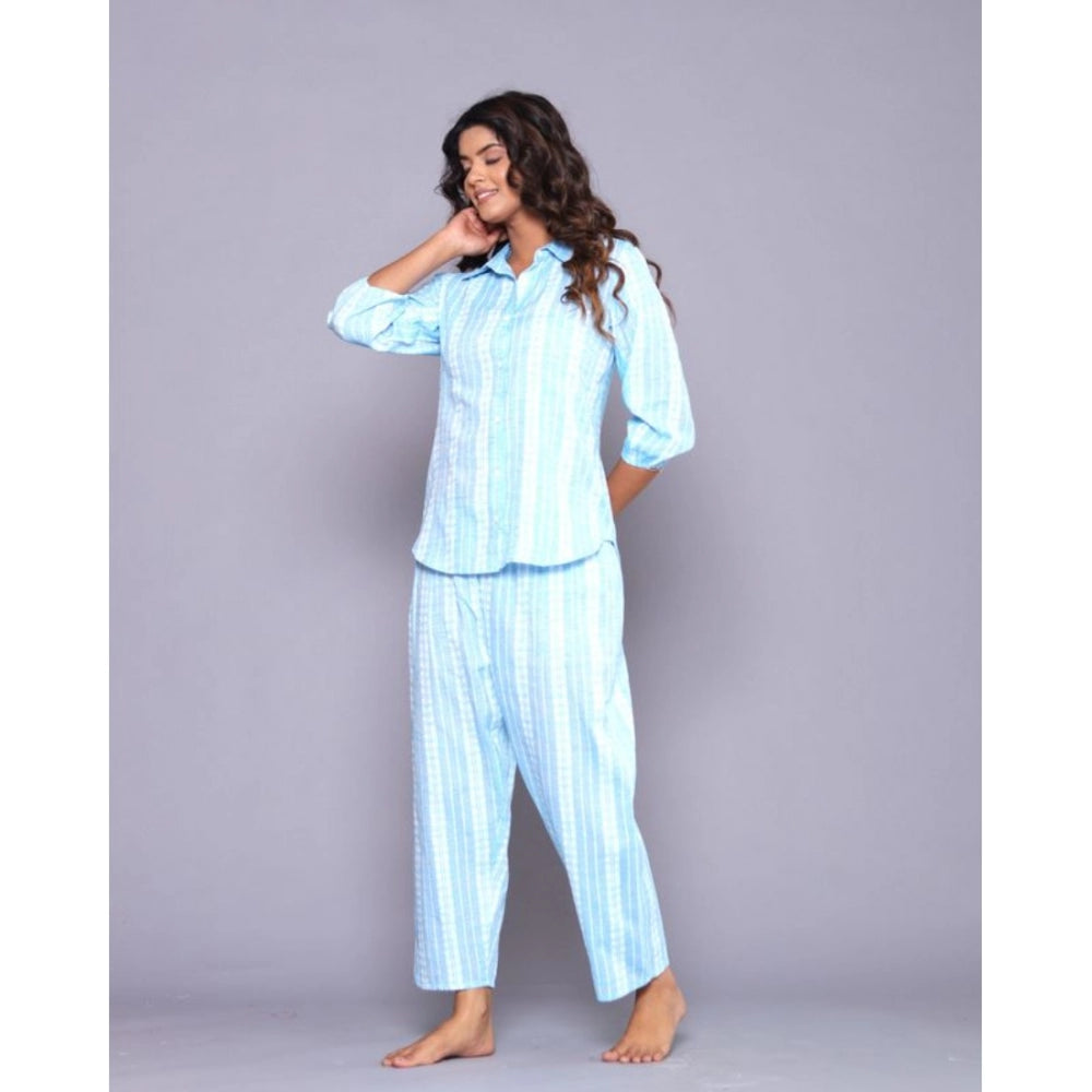 Casual Cotton 3-4th Sleeve Full Night Suit Set (Aqua)