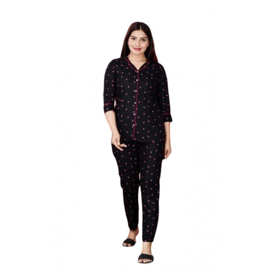 Casual Rayon 3-4th Sleeve Night Suit Set (Black)