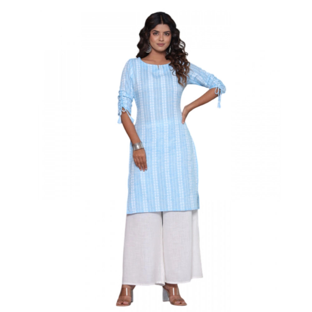 Casual Cotton Blend 3-4th Sleeve Straight Kurti (Aqua Blue)