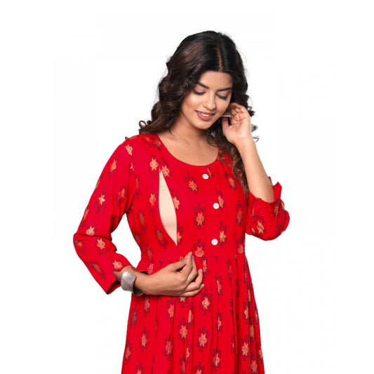 Casual Viscose Rayon 3-4th Sleeve Maternity Kurti (Red)