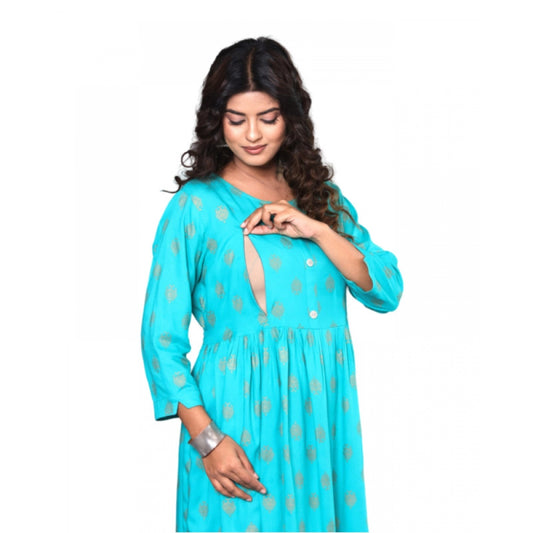 Casual Viscose Rayon 3-4th Sleeve Maternity Kurti (Aqua Blue)