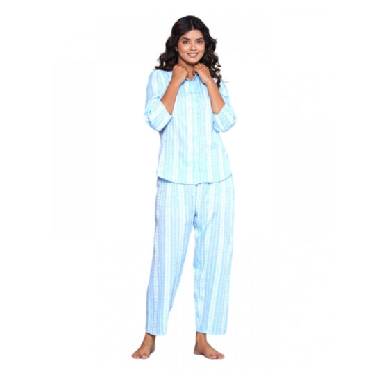 Casual Cotton 3-4th Sleeve Full Night Suit Set (Aqua)