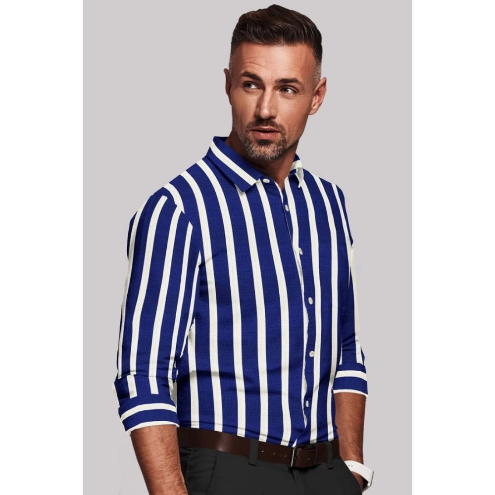 Generic Men's Cotton Blended Striped Full Sleeve Shirt (White-Blue)