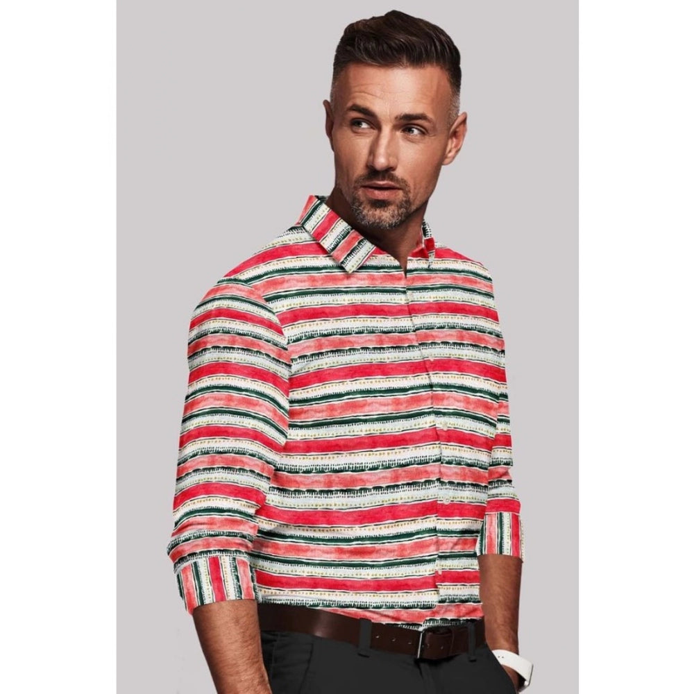 Generic Men's Cotton Blended Striped Full Sleeve Shirt (Red-White)