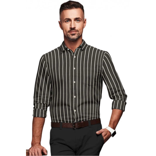 Generic Men's Cotton Blended Striped Full Sleeve Shirt (Black-White)