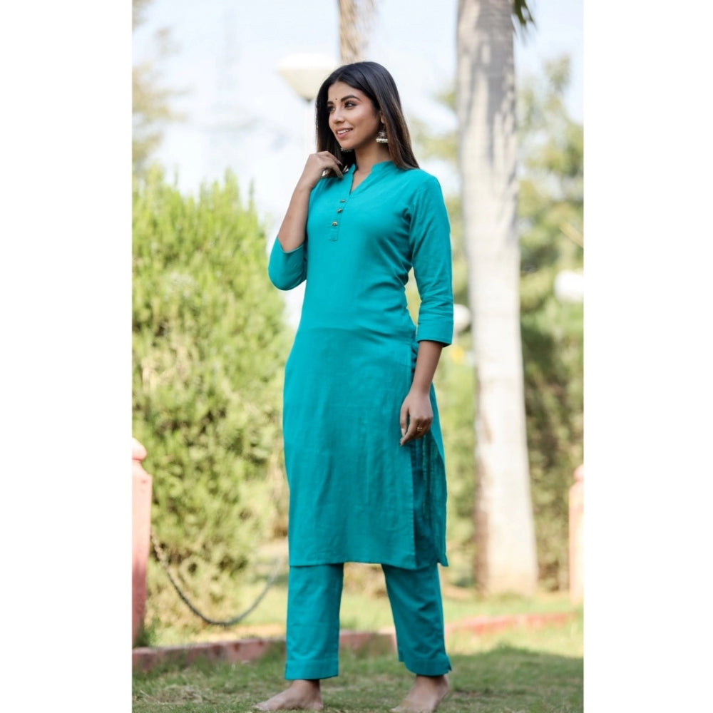 Cotton Solid 3/4 Sleeve Mandarin collar Kurti (Green)