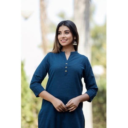 Cotton Solid 3/4 Sleeve Mandarin collar Kurti (Blue)