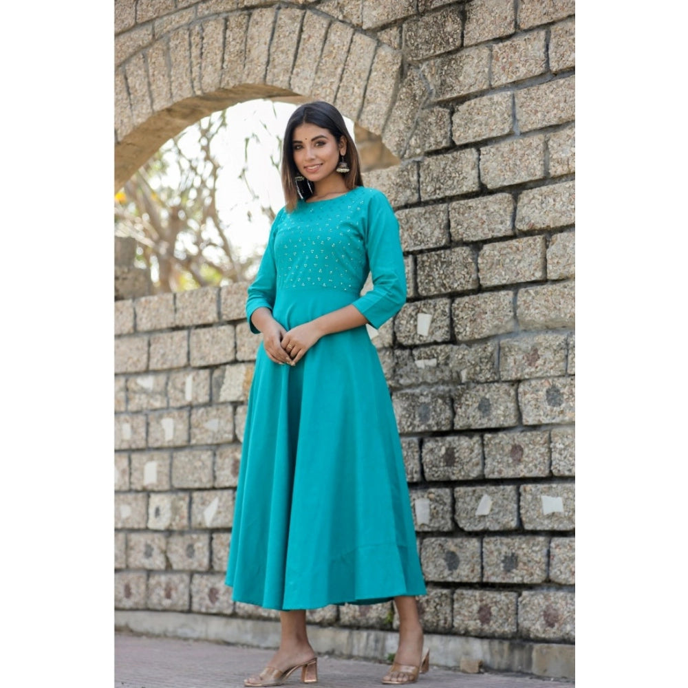 Cotton Solid 3/4 Sleeve Round Neck Kurti (Green)