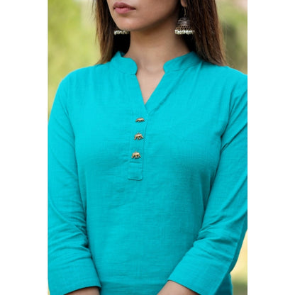 Cotton Solid 3/4 Sleeve Mandarin collar Kurti (Green)