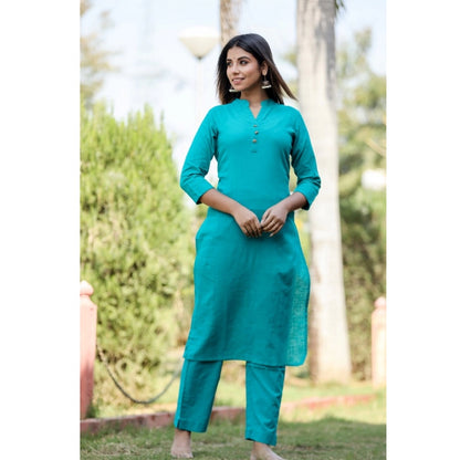 Cotton Solid 3/4 Sleeve Mandarin collar Kurti (Green)