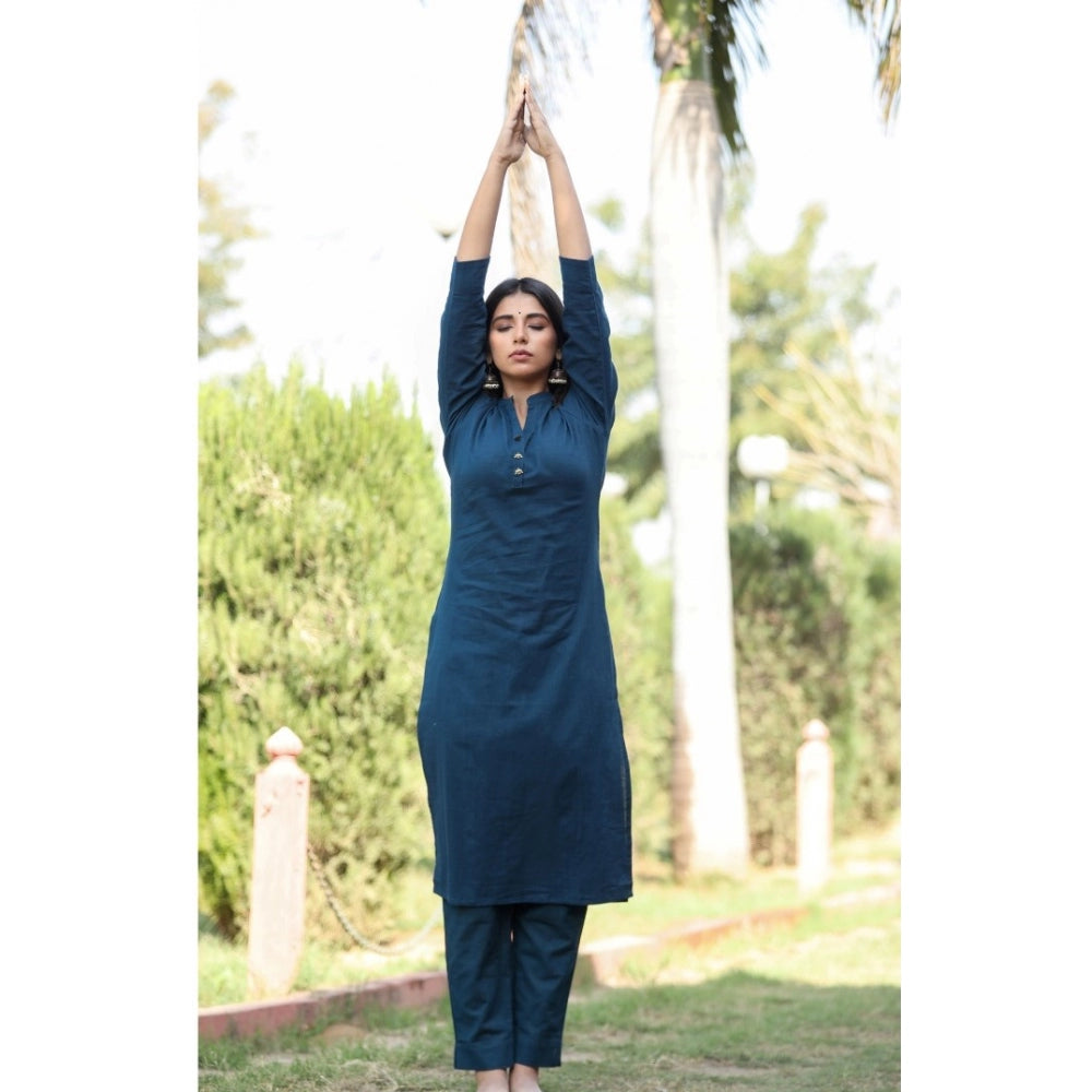 Cotton Solid 3/4 Sleeve Mandarin collar Kurti (Blue)