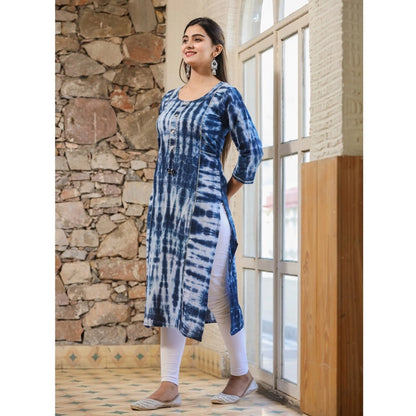 Cotton Dyed 3/4 Sleeve Round Neck Kurti (Blue)