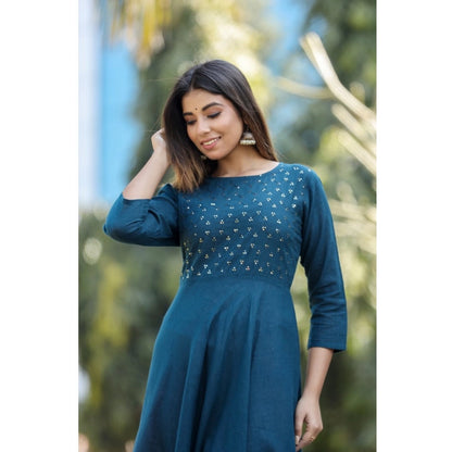 Cotton Solid 3/4 Sleeve Round Neck Kurti (Blue)