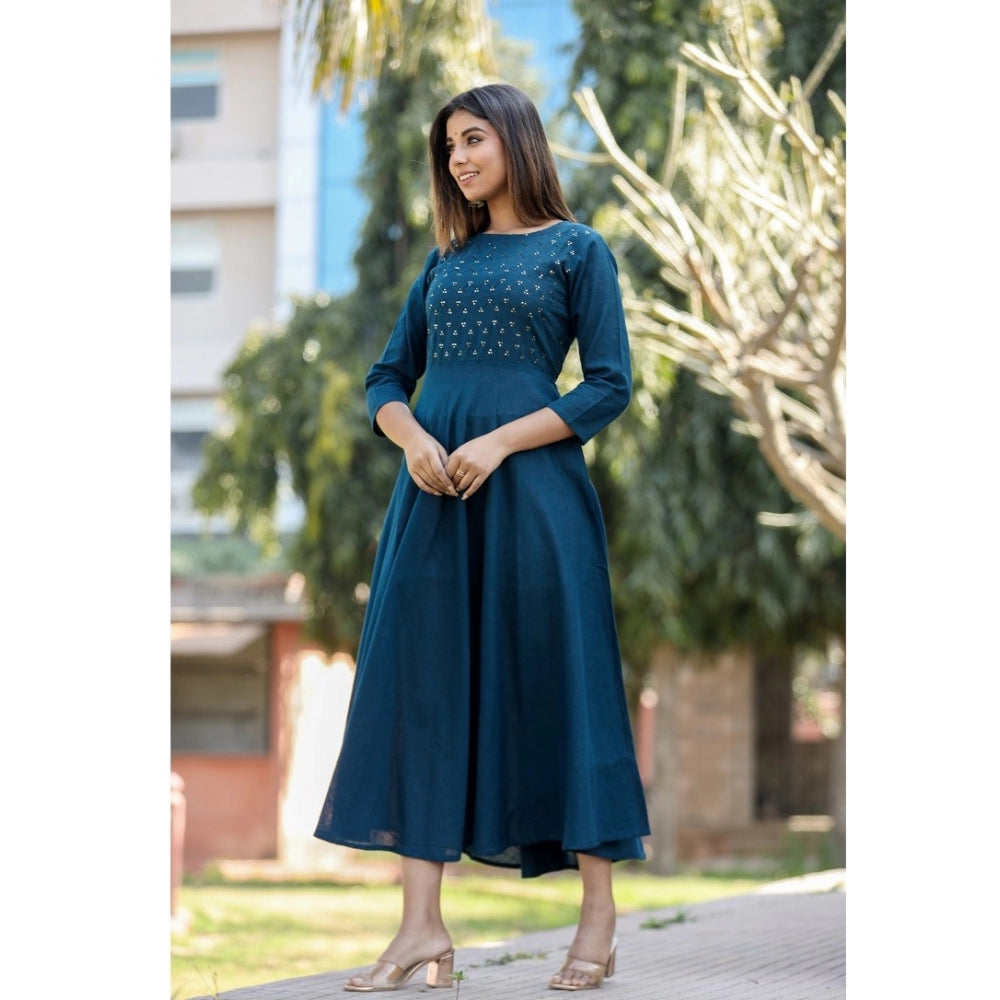 Cotton Solid 3/4 Sleeve Round Neck Kurti (Blue)