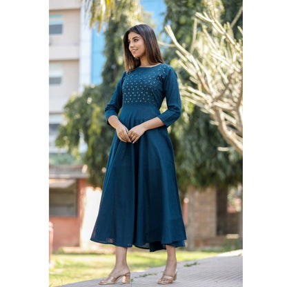 Cotton Solid 3/4 Sleeve Round Neck Kurti (Blue)