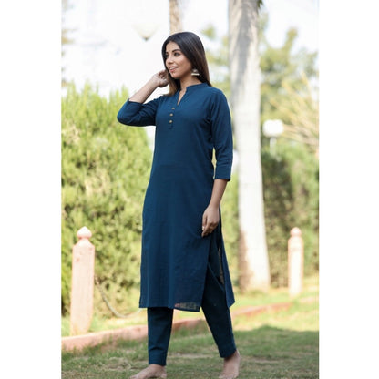 Cotton Solid 3/4 Sleeve Mandarin collar Kurti (Blue)