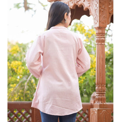 Cotton Solid Full Sleeve Band collar Tunic (Peach)